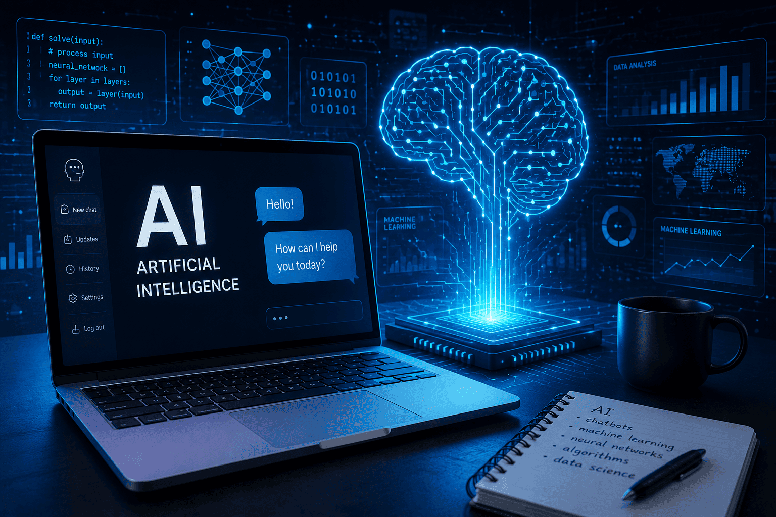Een computerscherm met AI en technologie er op