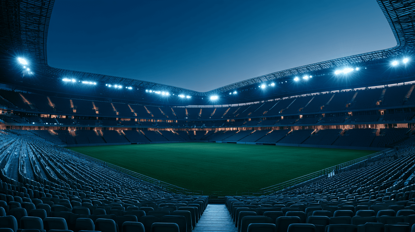 leeg voetbalstadion met brandende lichtmasten boven een grasveld bij schemering
