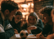 vier mensen aan een cafétafel vullen samen een antwoordformulier in naast een voetbal