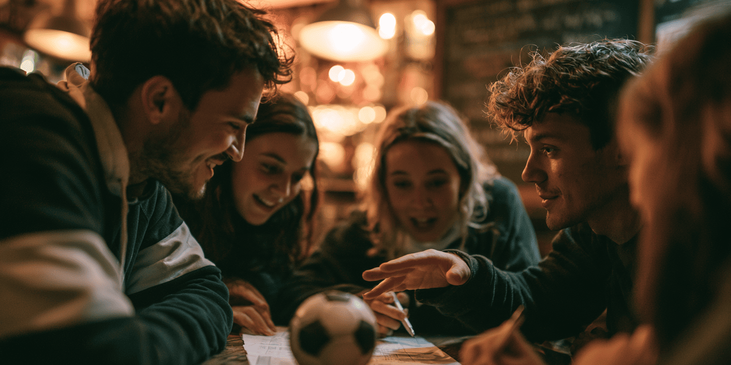 vier mensen aan een cafétafel vullen samen een antwoordformulier in naast een voetbal