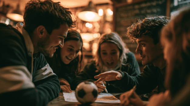 vier mensen aan een cafétafel vullen samen een antwoordformulier in naast een voetbal
