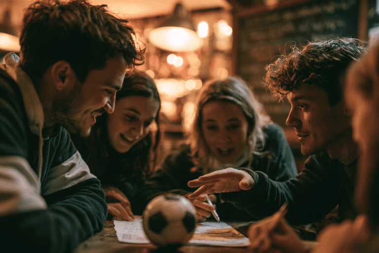 vier mensen aan een cafétafel vullen samen een antwoordformulier in naast een voetbal