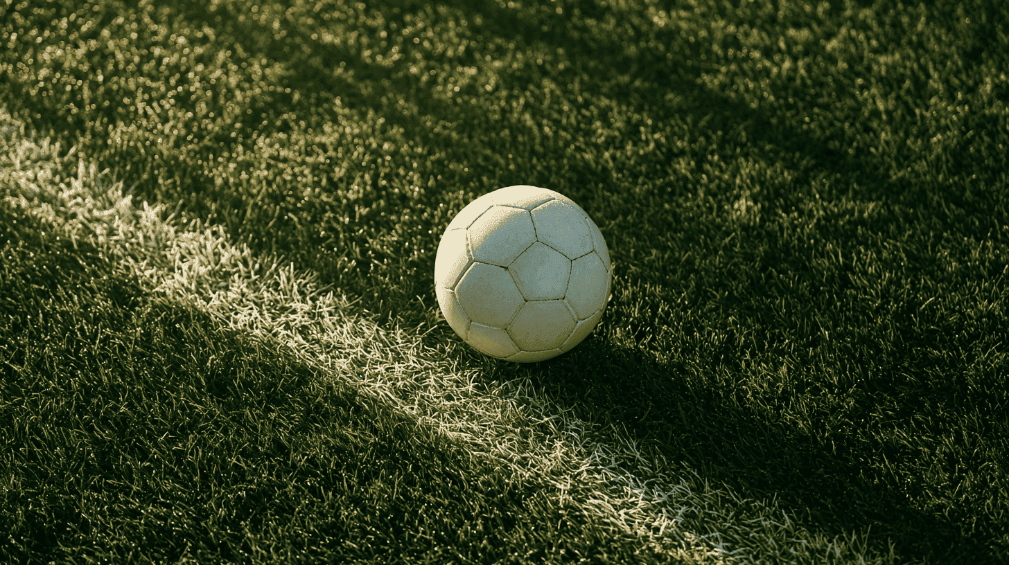 witte voetbal op de strafschopstip van een grasveld met witte belijning